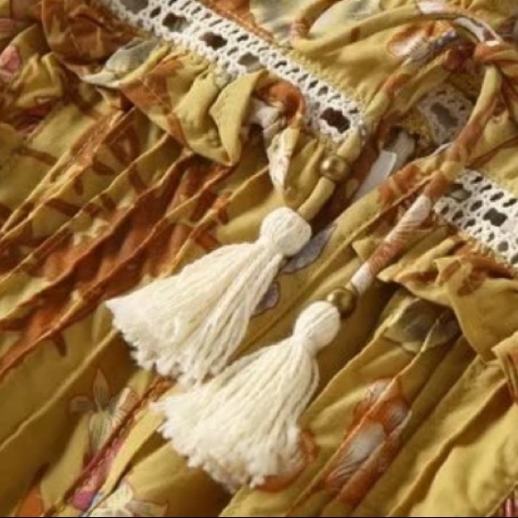 Boho 60’s Floral Gypsy Print Ruffle Dress Yellow - Picture 8 of 12